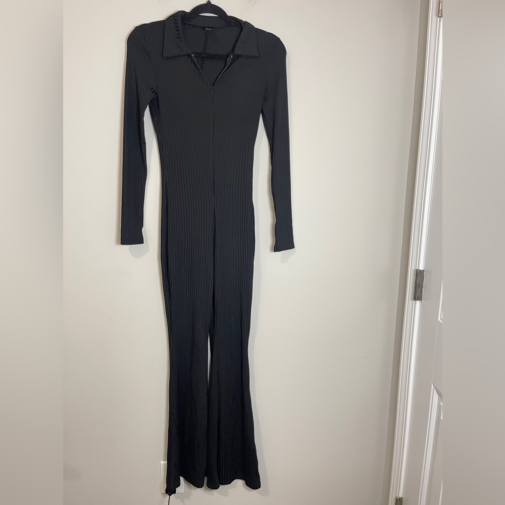 Shein Jumpsuit Womens XS/2 Black Ribbed Long Sleeve One Piece Catsuit Minimalist